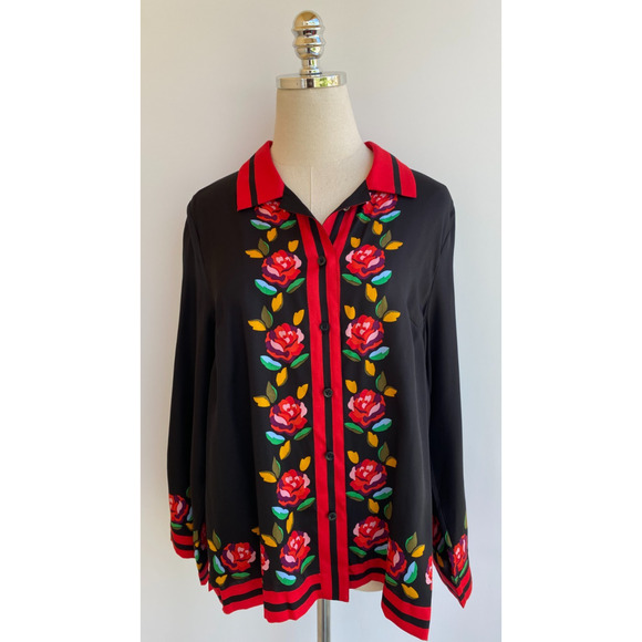 Kate Spade Rose Border Silk Blend Button Down Blouse, Size XL - Picture 3 of 8